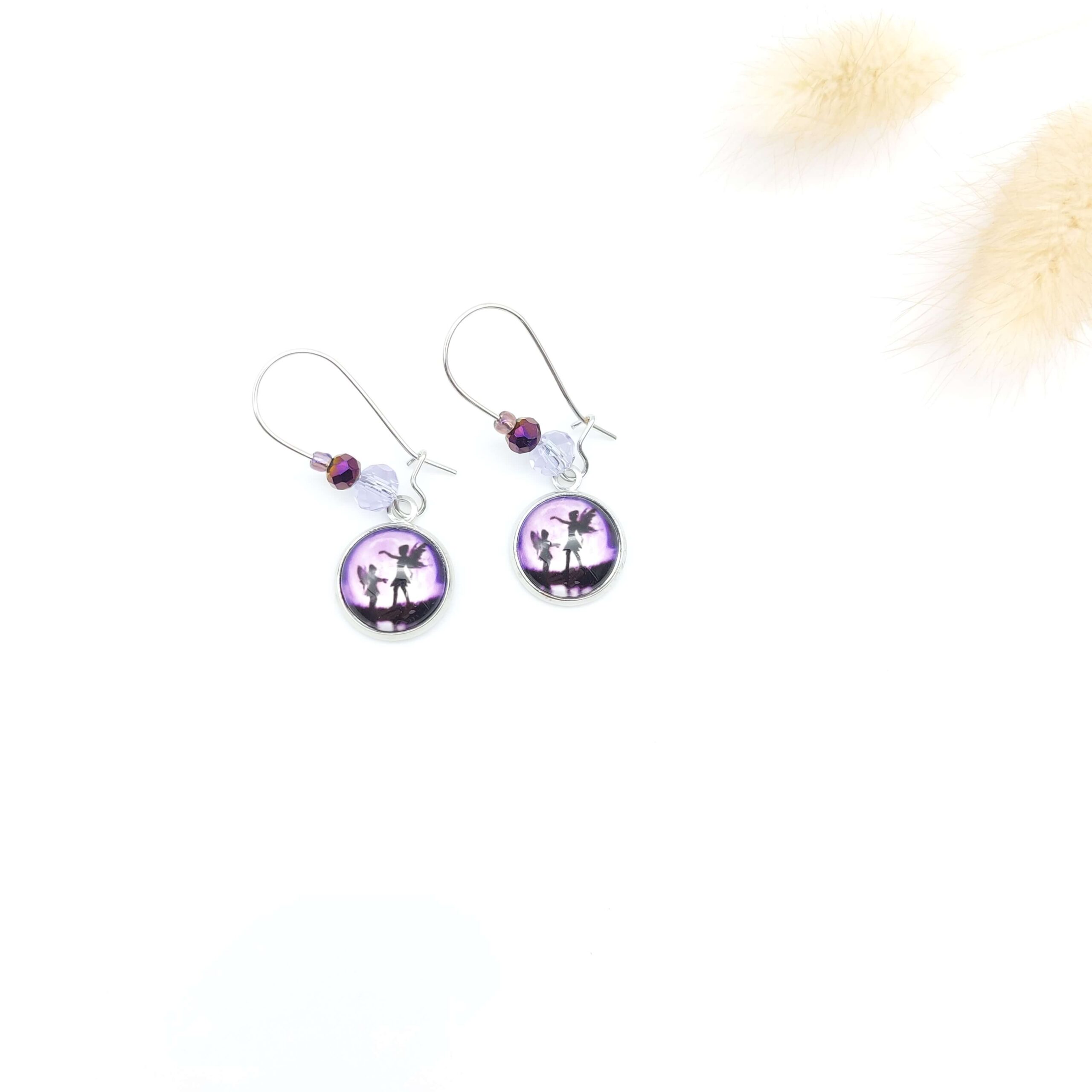 Boucles Oreilles Pendantes Perles Cabochons Acier Inoxydable Duo De Fees Violettes Boucles Oreilles Pendantes Perles Cabochons Acier Inoxydable Duo De Fees Violettes