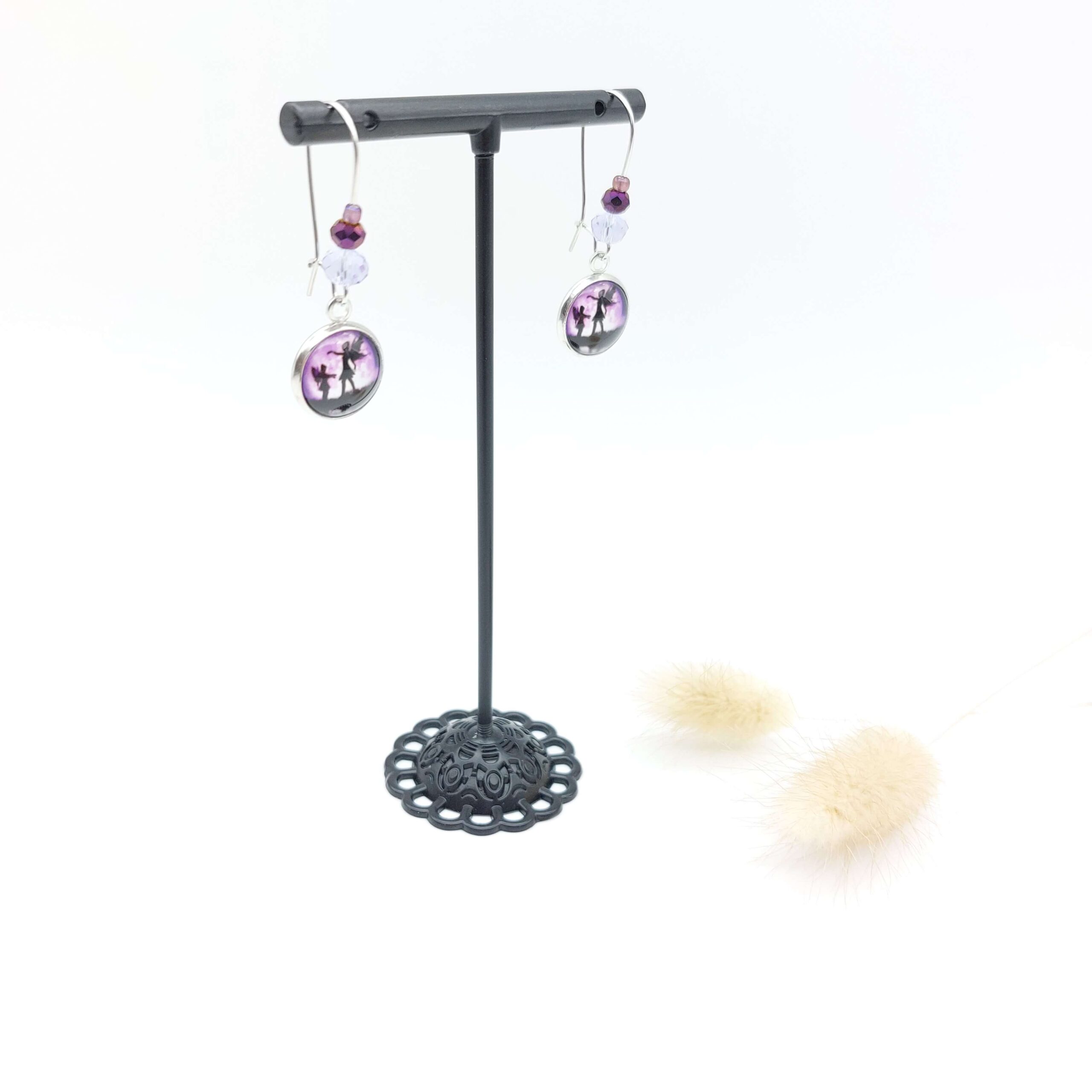 Boucles Oreilles Pendantes Perles Cabochons Acier Inoxydable Duo De Fees Violettes1 Boucles Oreilles Pendantes Perles Cabochons Acier Inoxydable Duo De Fees Violettes1