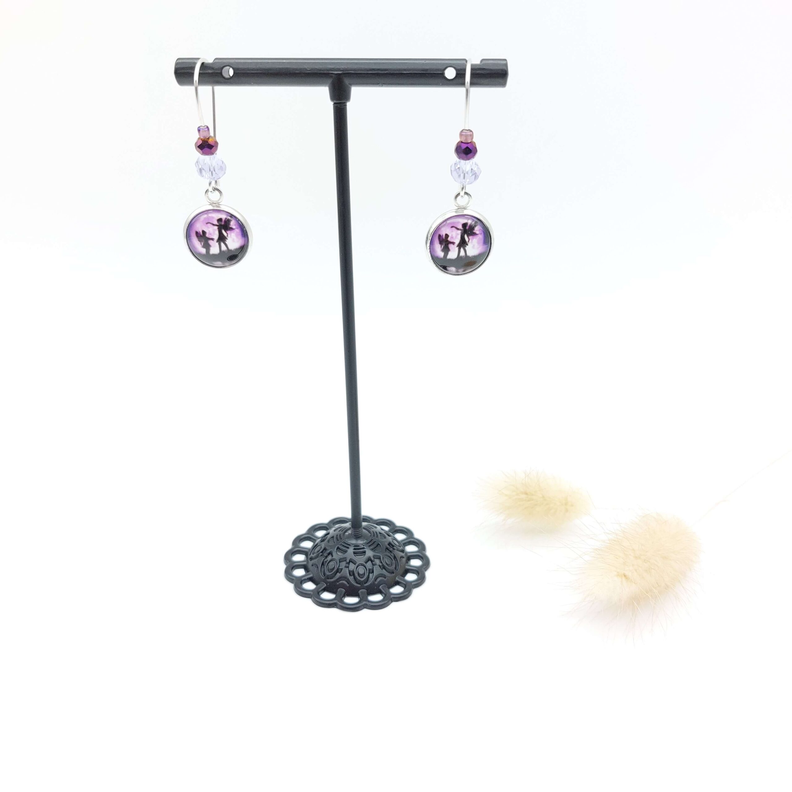 Boucles Oreilles Pendantes Perles Cabochons Acier Inoxydable Duo De Fees Violettes2 Boucles Oreilles Pendantes Perles Cabochons Acier Inoxydable Duo De Fees Violettes2