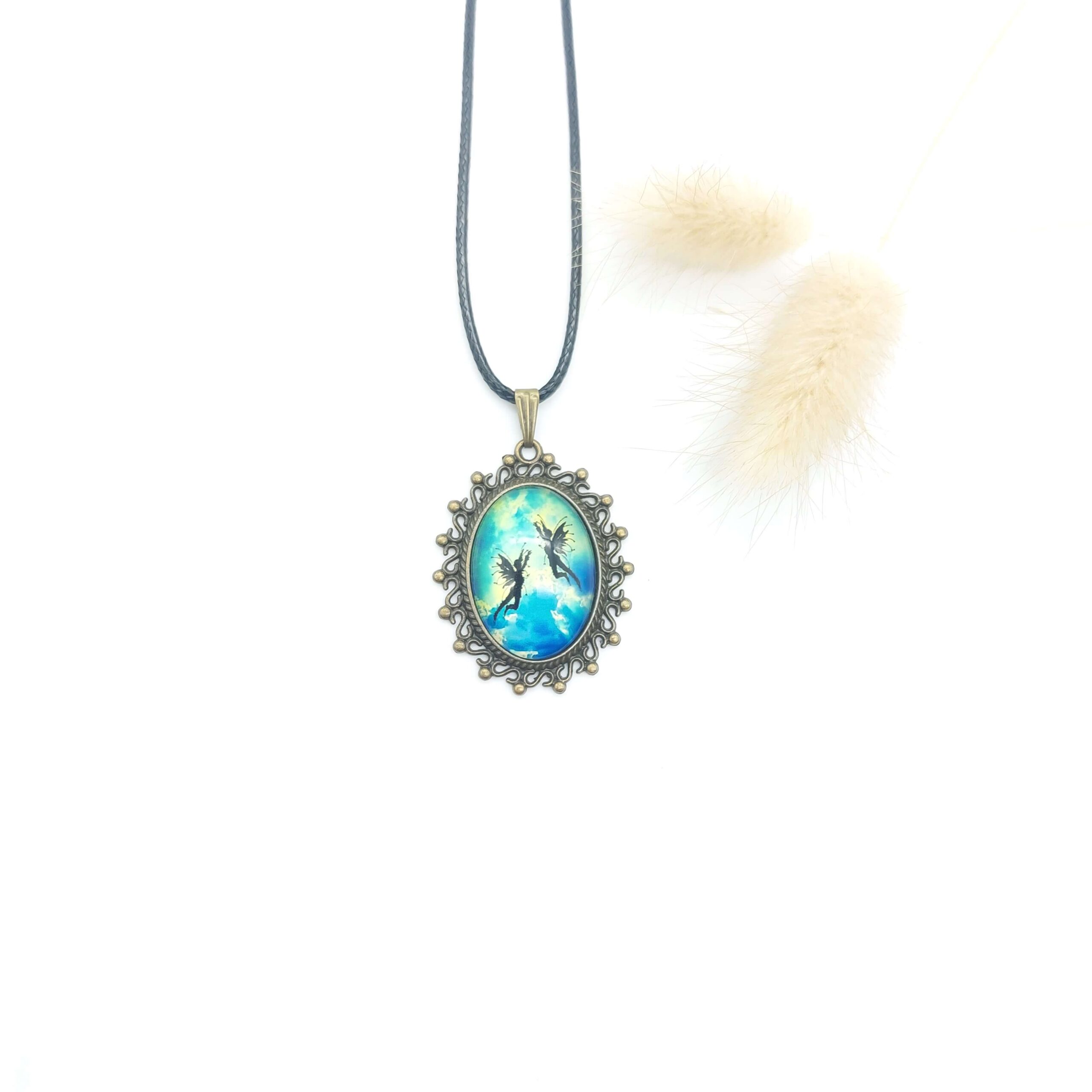Collier Pendentif Bronze Cabochon Verre Fees Anges Ciel Collier Pendentif Bronze Cabochon Verre Fees Anges Ciel