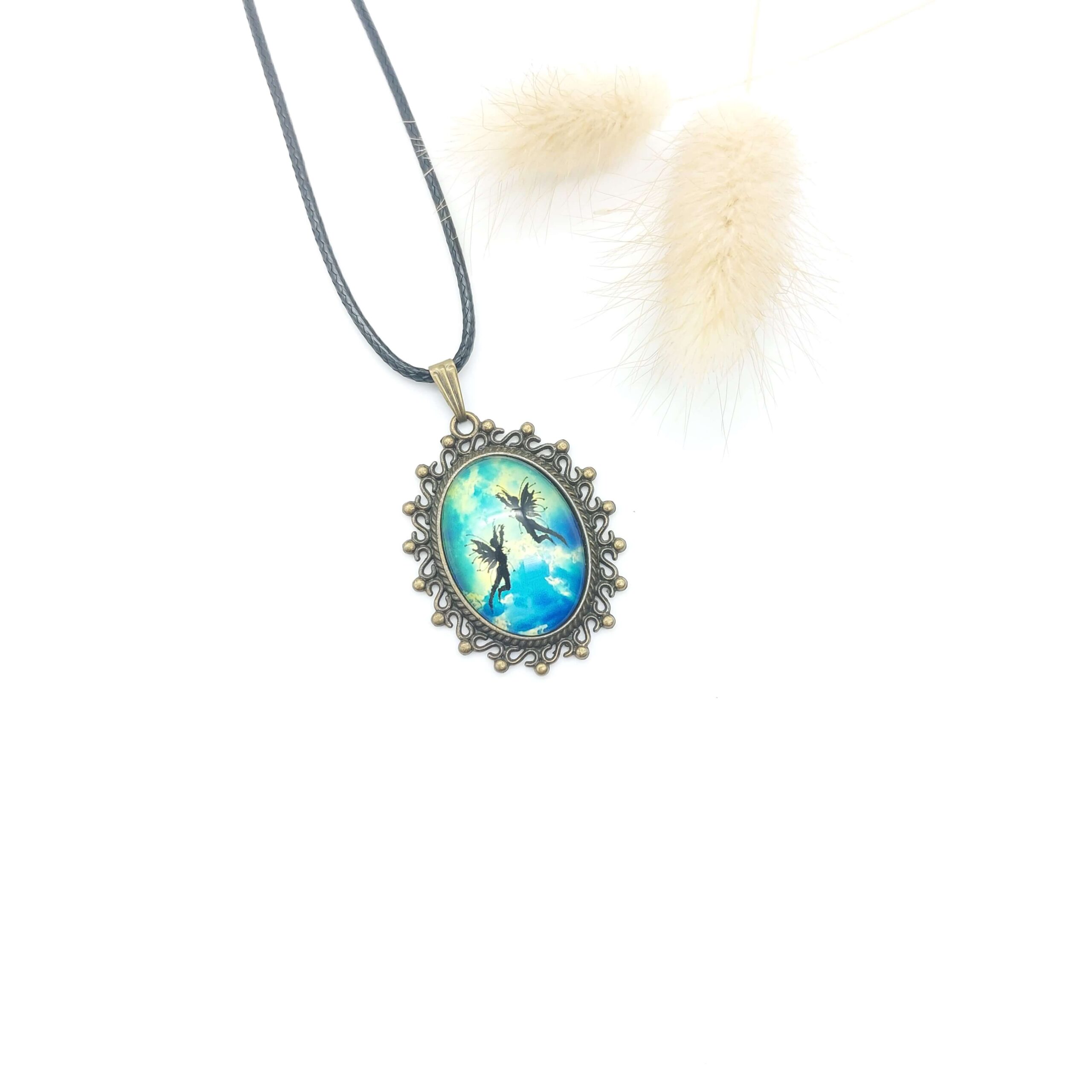 Collier Pendentif Bronze Cabochon Verre Fees Anges Ciel1 Collier Pendentif Bronze Cabochon Verre Fees Anges Ciel1