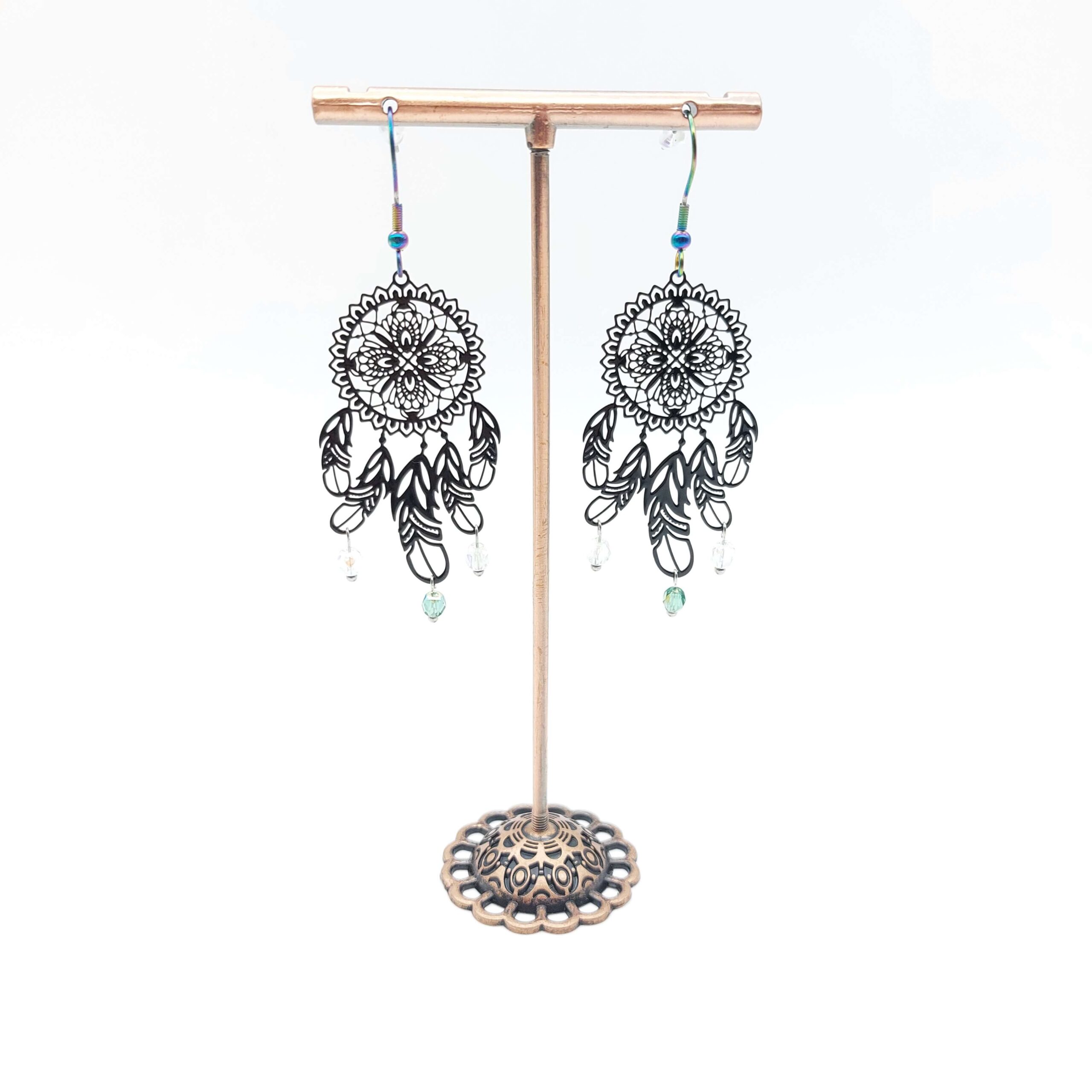 Boucles Oreilles Pendantes Acier Inoxydable Attrape Reves Noirs Perles Boucles Oreilles Pendantes Acier Inoxydable Attrape Reves Noirs Perles