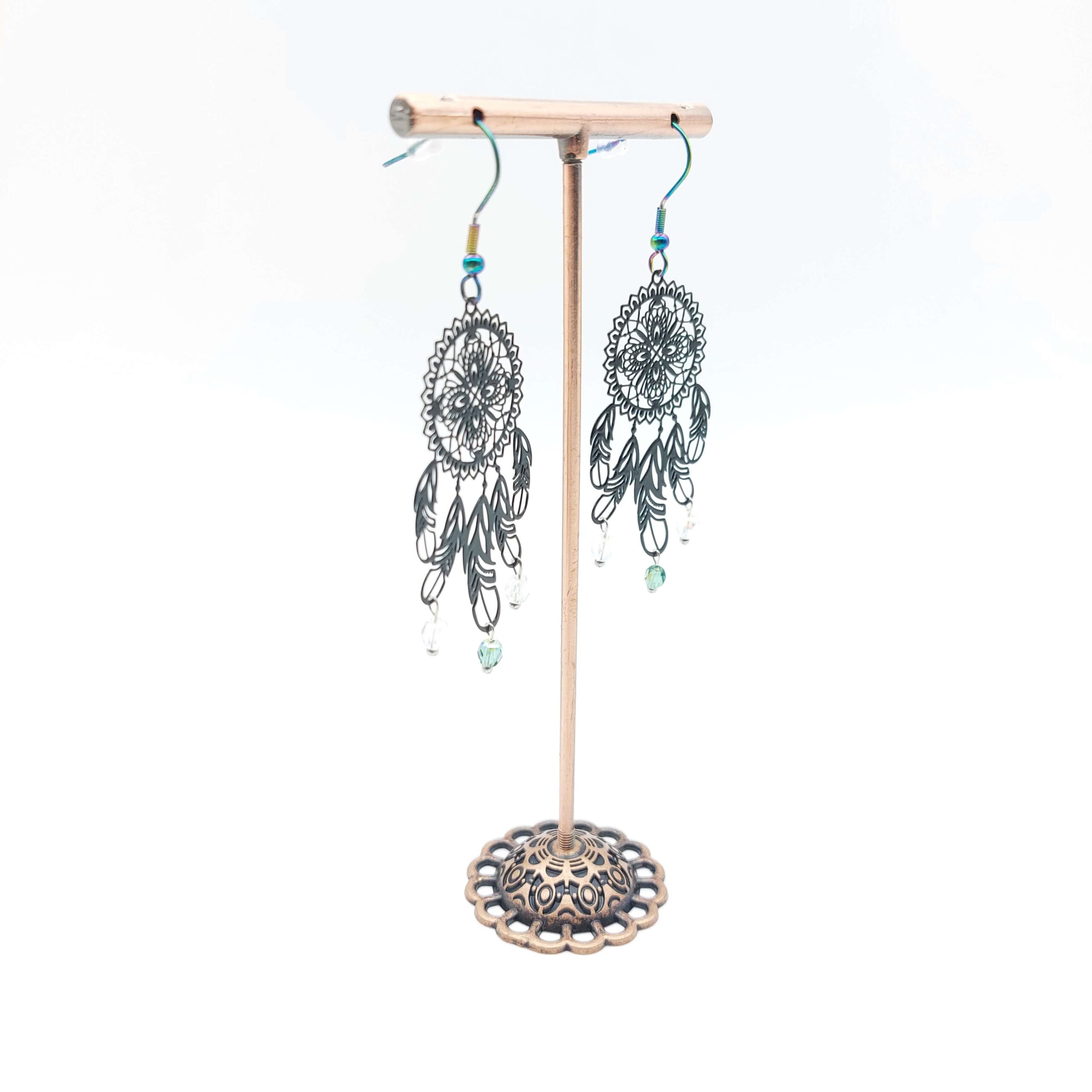Boucles Oreilles Pendantes Acier Inoxydable Attrape Reves Noirs Perles1 Boucles Oreilles Pendantes Acier Inoxydable Attrape Reves Noirs Perles1