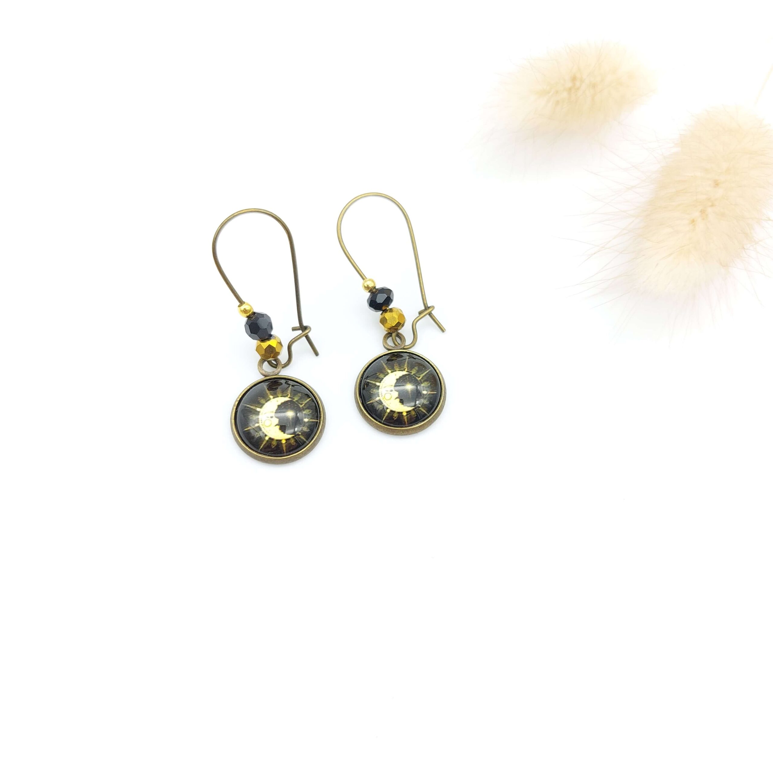 Boucles Oreilles Pendantes Perles Cabochons Bronze Lune Etoilee Boucles Oreilles Pendantes Perles Cabochons Bronze Lune Etoilee
