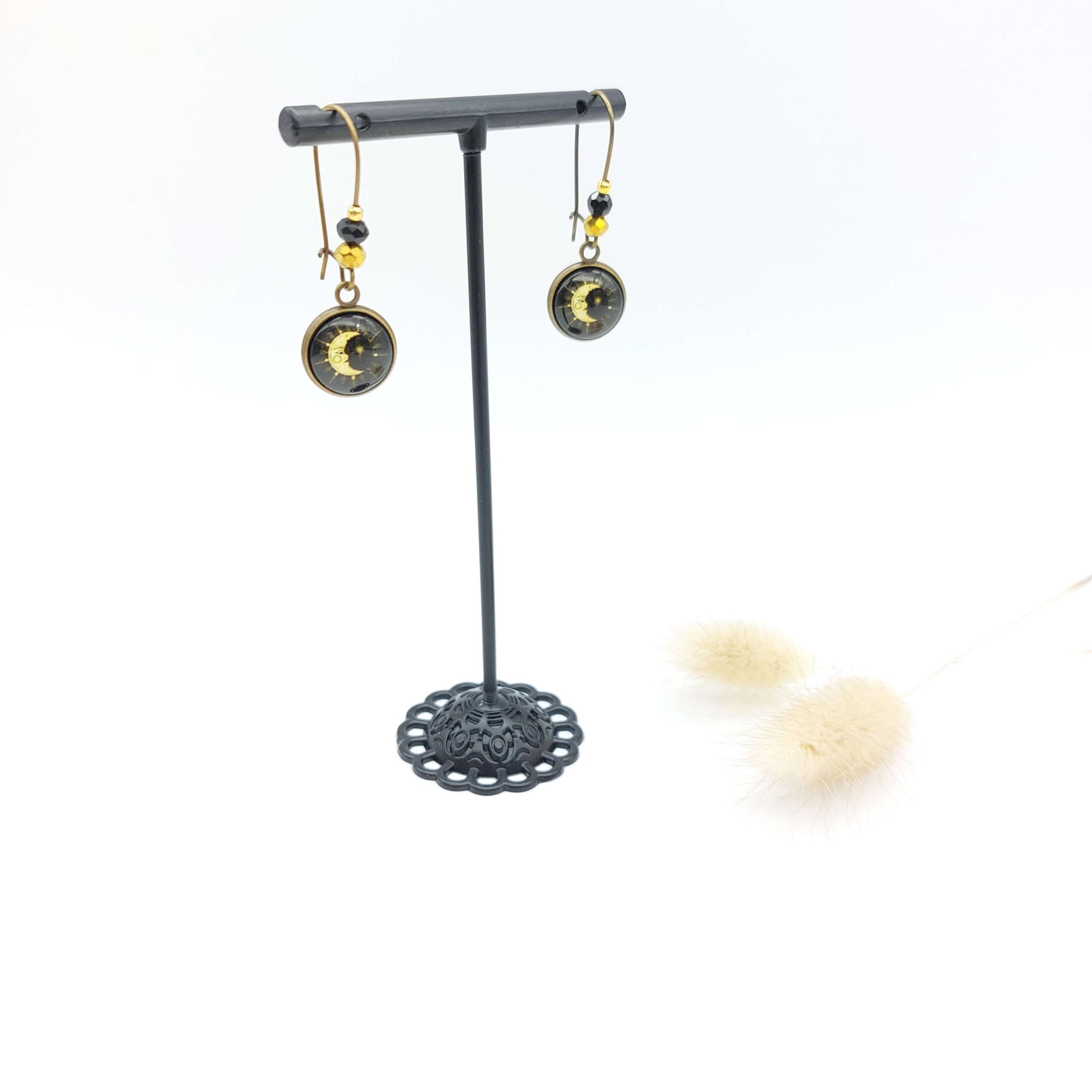 Boucles Oreilles Pendantes Perles Cabochons Bronze Lune Etoilee2 Boucles Oreilles Pendantes Perles Cabochons Bronze Lune Etoilee2