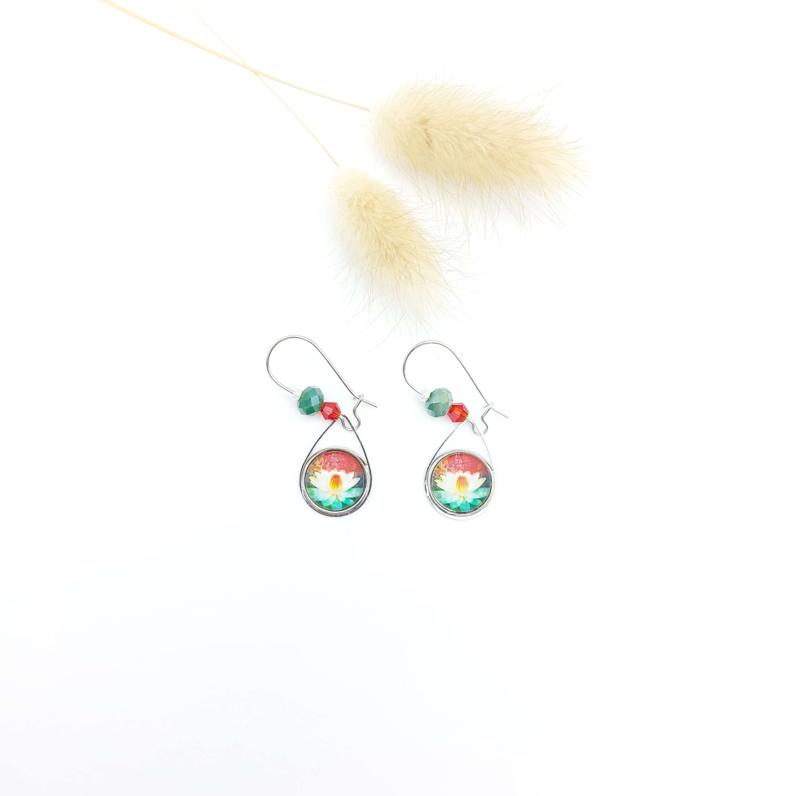 Boucles Oreilles Pendantes Perles Cabochons Acier Inox Fleur De Lotus Boucles Oreilles Pendantes Perles Cabochons Acier Inox Fleur De Lotus