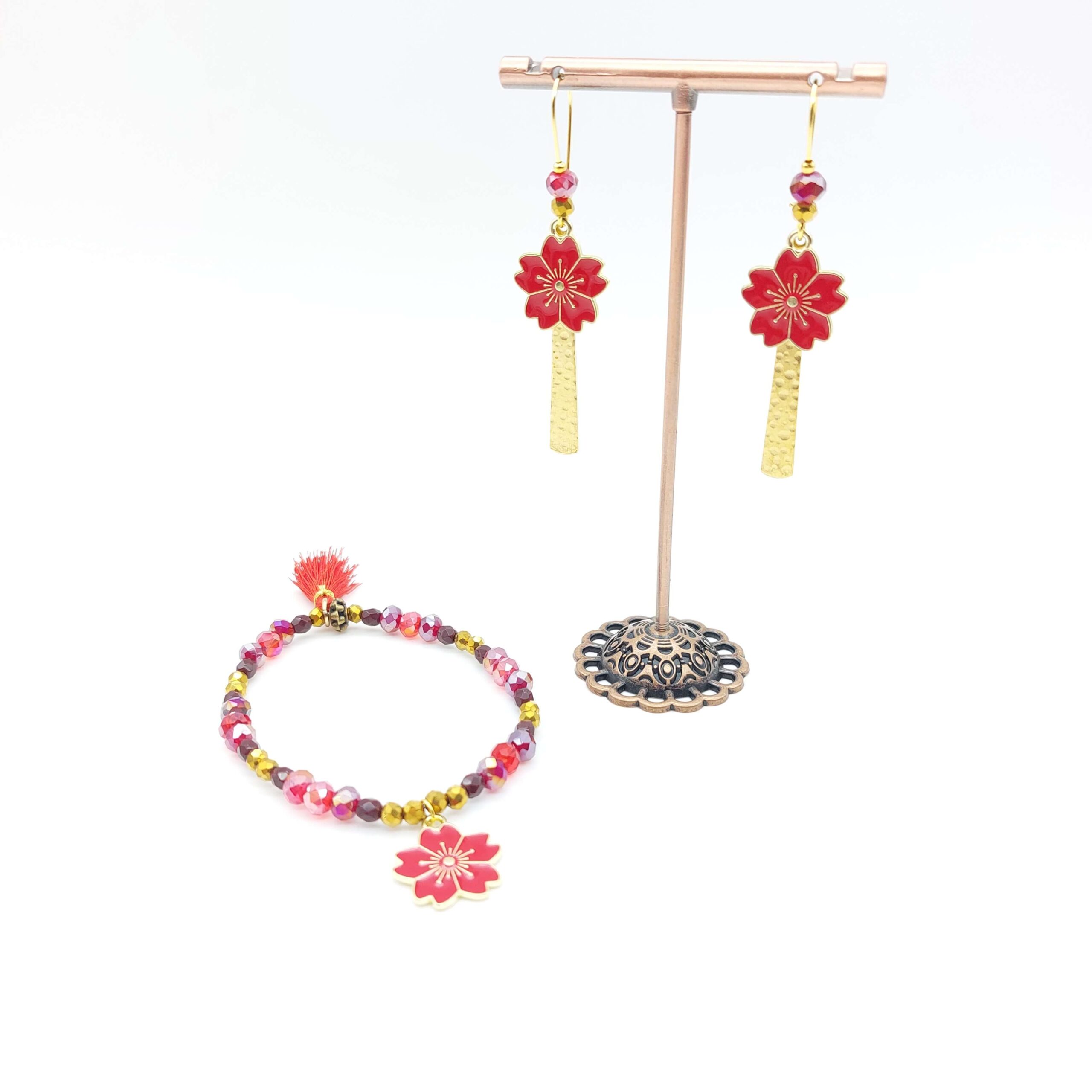 Bracelet Boucles Oreilles Pendantes Perles Breloques Rouge Dore Fleur Coquelicot1 Bracelet Boucles Oreilles Pendantes Perles Breloques Rouge Dore Fleur Coquelicot1