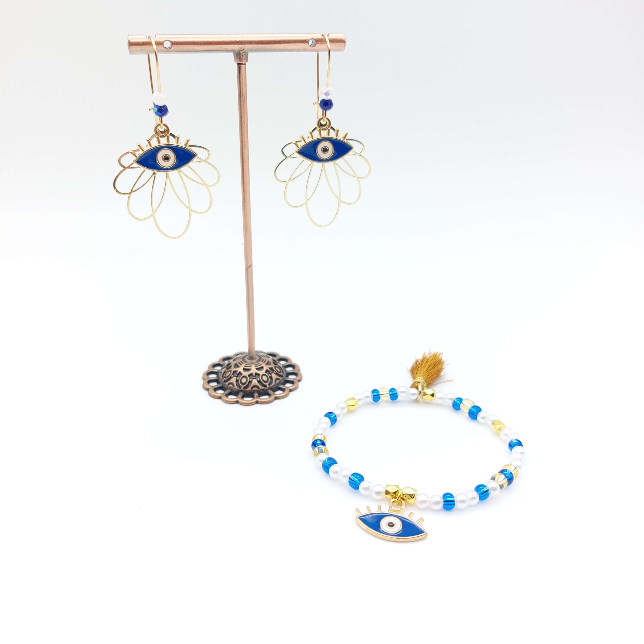 Parure Bijoux Breloques Boucles Oreilles Pendantes Bracelet Perles Bleue Dore Nacre Oeil Bleu Grec Parure Bijoux Breloques Boucles Oreilles Pendantes Bracelet Perles Bleue Dore Nacre Oeil Bleu Grec