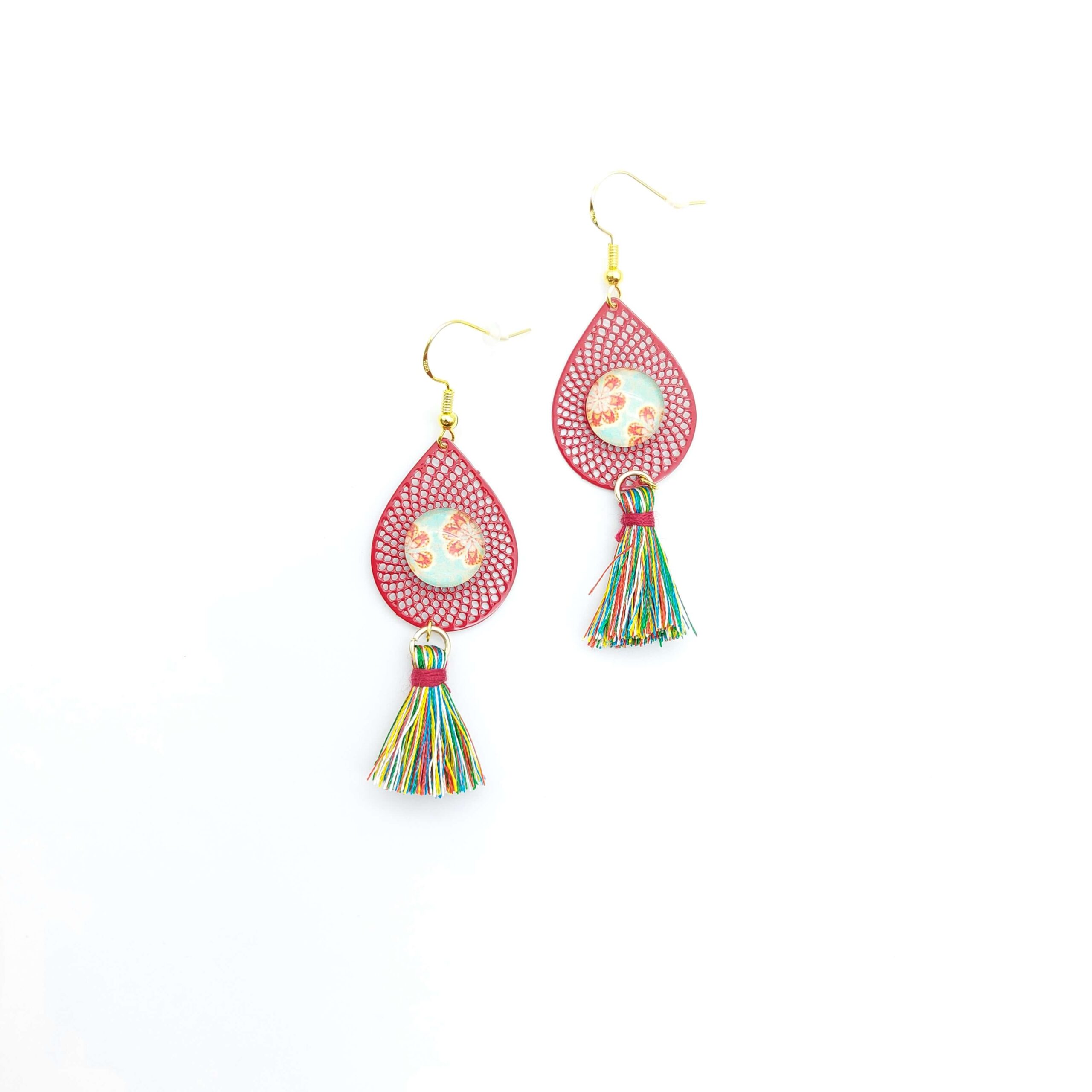Boucles Oreilles Pendantes Cabochons Pompons Fleurs Couleurs Boucles Oreilles Pendantes Cabochons Pompons Fleurs Couleurs